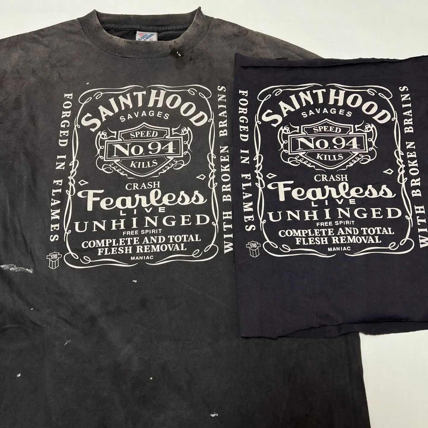 Printing proofing SAINT Mxxxxxx × NEIGHBORHOOD STHD . SS TEE FEARLESS/BLK NBHD Takizawa Shinsuke joint model Whiskey label/love skull angel distressed short sleeves Wash black S-XL Tube weaving fabric without side seams Ready-to-wear Assute dyeing Custom-woven NBHD joint main mark washed mark The real correct version Top-level printing process restoration Distressed treatment
